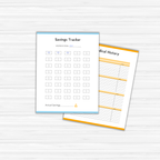 Two paper forms—featuring a savings tracker with designated slots for dollar amounts and a medical history form with lined spaces for entries—make ideal additions to your Family HQ Home Management Planner.