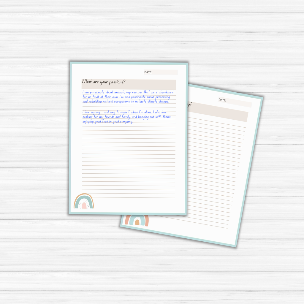 The 'Find Your Purpose' Journal contains two sheets of lined paper featuring rainbow and heart graphics. The top sheet is titled "What are your passions?" and includes handwritten prompts to help you discover your purpose through introspective journaling.