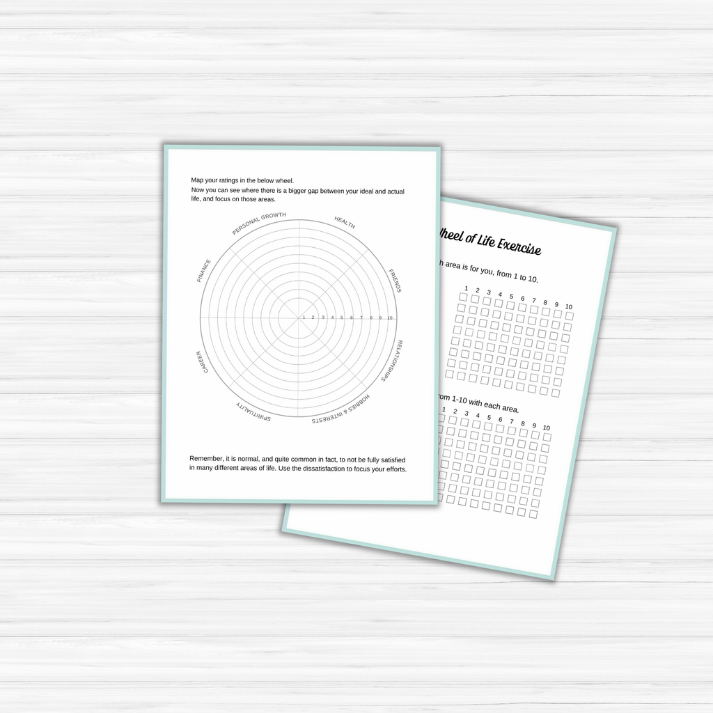 Two sheets on a wooden surface: a circular "Wheel of Life" chart for self-assessment, and a rating scale exercise with instructions from the 'Find Your Purpose' Ebook & Workbook.