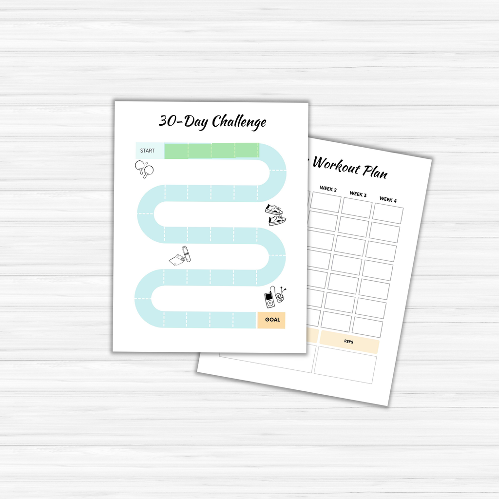 On a wooden surface lie two sheets: one features a "30-Day Challenge" board with a path and icons, and the other showcases a "Workout Plan" template equipped with weekly columns. This Fitness Planner PLR provides an effective method for personal fitness planning, making it perfect for anyone focused on achieving wellness goals.