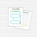 On a wooden surface lie two sheets: one features a "30-Day Challenge" board with a path and icons, and the other showcases a "Workout Plan" template equipped with weekly columns. This Fitness Planner PLR provides an effective method for personal fitness planning, making it perfect for anyone focused on achieving wellness goals.