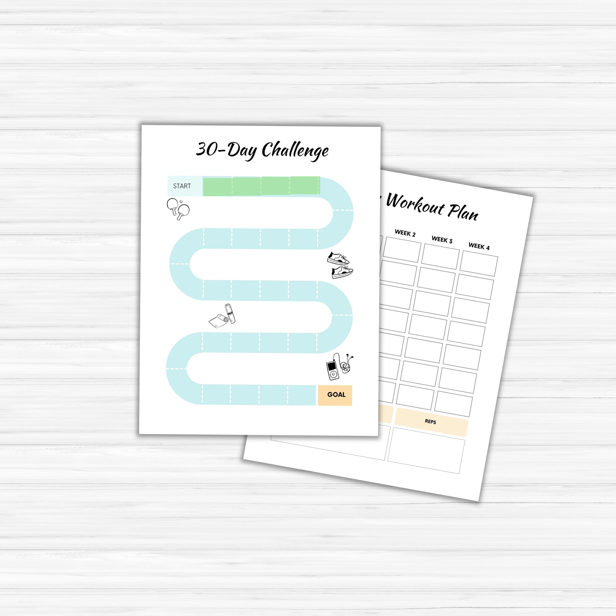 On a wooden surface lie two sheets: one features a "30-Day Challenge" board with a path and icons, and the other showcases a "Workout Plan" template equipped with weekly columns. This Fitness Planner PLR provides an effective method for personal fitness planning, making it perfect for anyone focused on achieving wellness goals.
