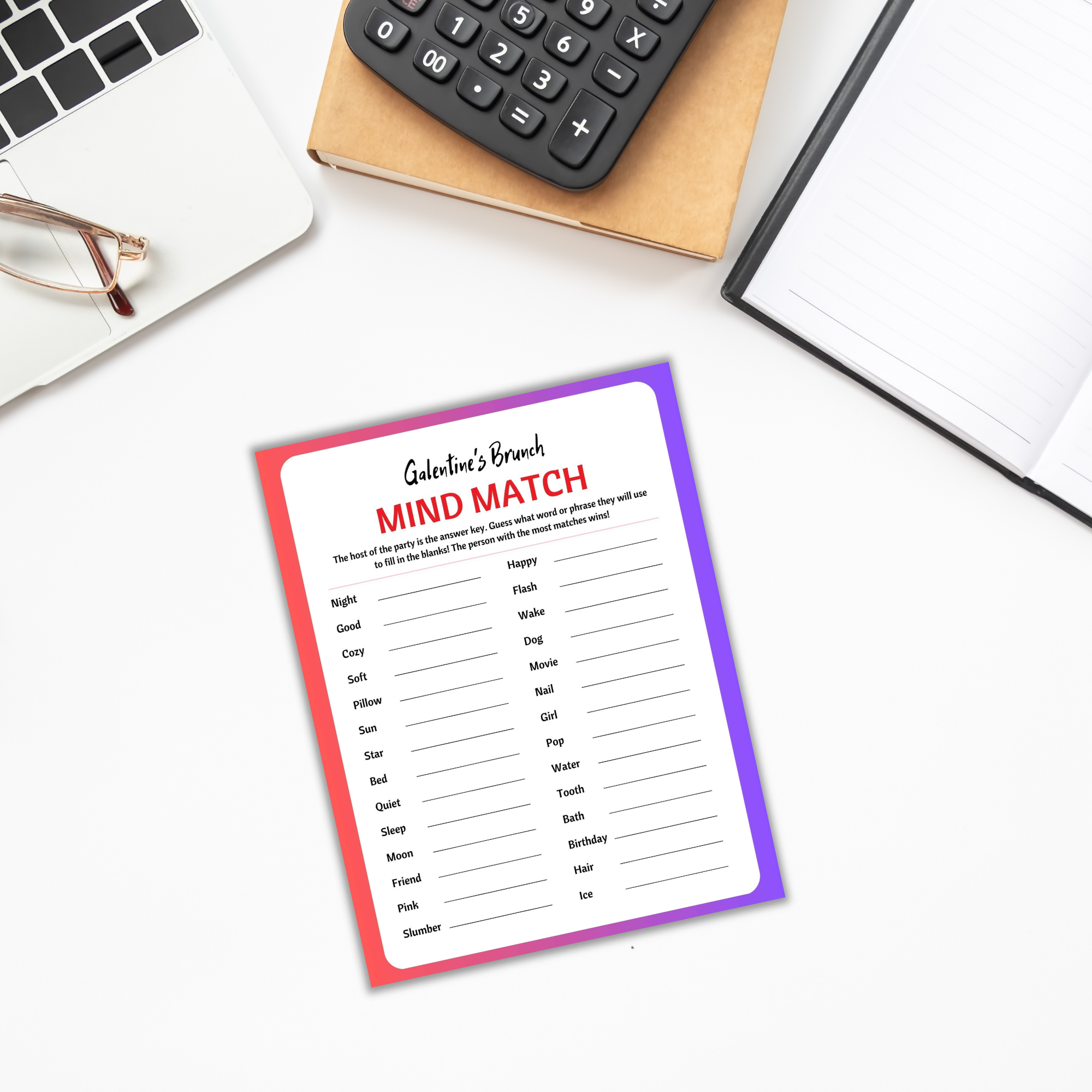 The "Galentines Brunch Invitation & Party Games PLR" is perfect for livening up your next Galentine's Brunch. Pair it with a laptop, calculator, and notebook on the table, and you've got the ultimate game for an unforgettable brunch party.