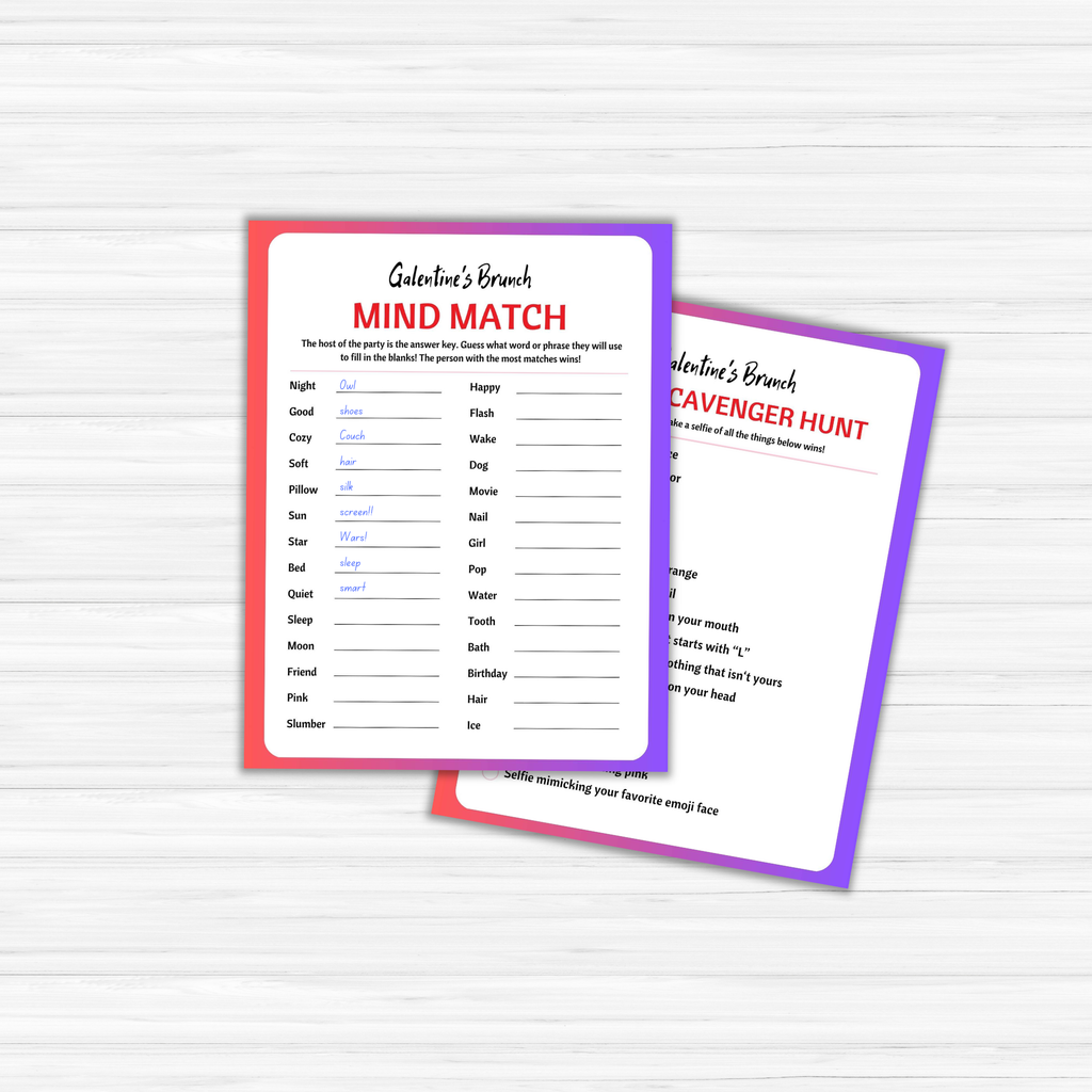 Set against a light wood background are two vibrant game sheets titled "Mind Match" and "Scavenger Hunt," ideal for a Galentine's brunch party, part of the Galentines Brunch Invitation & Party Games PLR collection.