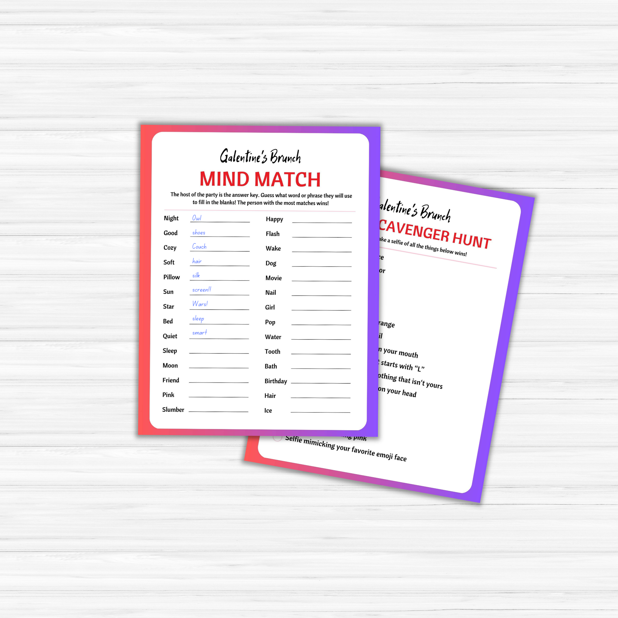 Set against a light wood background are two vibrant game sheets titled "Mind Match" and "Scavenger Hunt," ideal for a Galentine's brunch party, part of the Galentines Brunch Invitation & Party Games PLR collection.