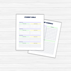 On a light wood surface lie two sheets: one is a "Student Goals" planner designed with sections for name and goals, and the other is a "Group Schedule" from the Homeschool Planner PLR, specifically tailored for homeschool settings with details of activities and their frequency.