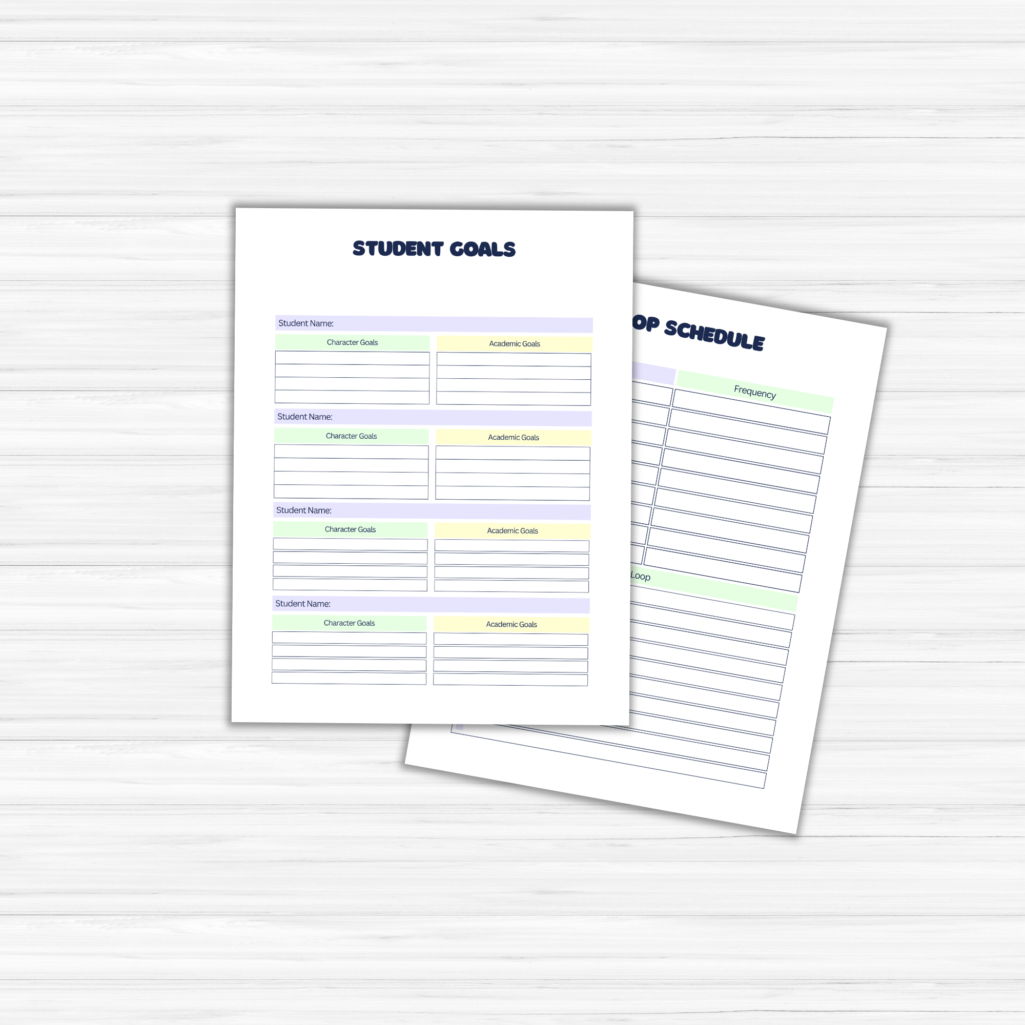 On a light wood surface lie two sheets: one is a "Student Goals" planner designed with sections for name and goals, and the other is a "Group Schedule" from the Homeschool Planner PLR, specifically tailored for homeschool settings with details of activities and their frequency.