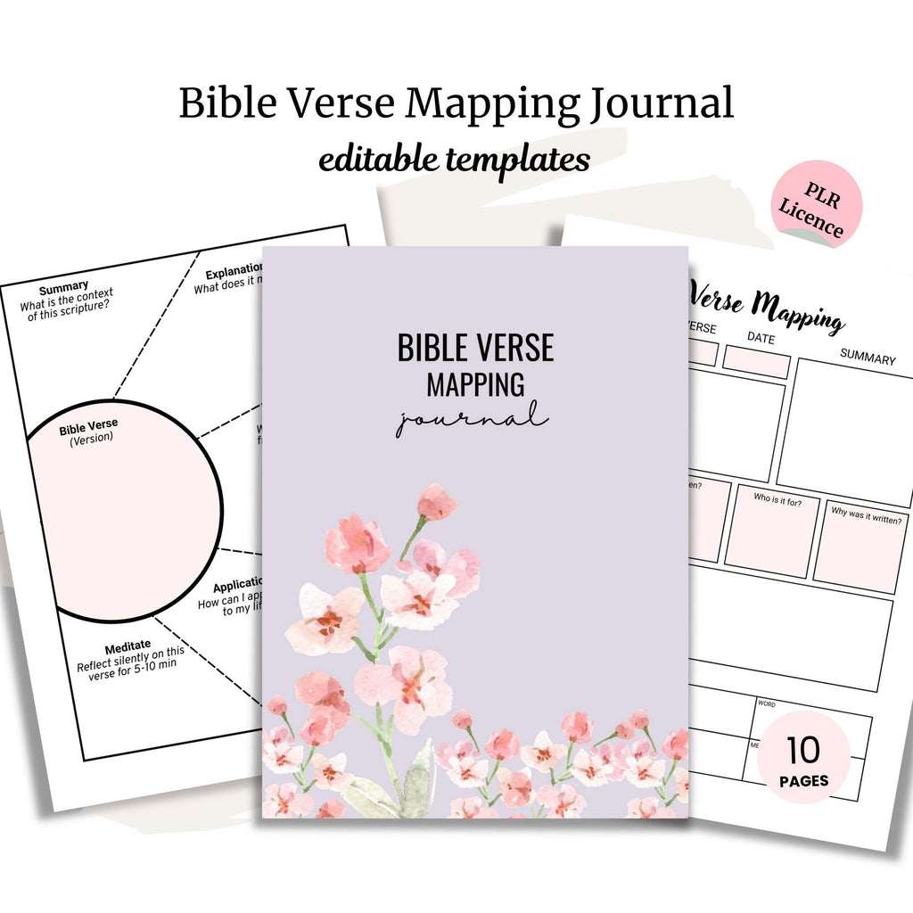Three journal template pages for Bible verse mapping, featuring floral illustrations and editable sections for verse study and reflection. Text indicates a PLR license and 10 total pages.