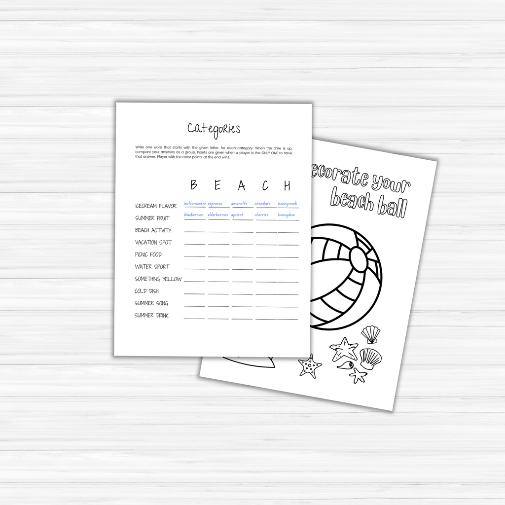 On a wooden surface, there are two activity sheets from the Summer Activity Pack for Kids. One sheet presents a word game with beach-themed categories, and the other invites kids to color an artistic beach ball illustration—ideal for entertaining summer activities!