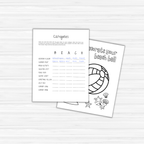 On a wooden surface, there are two activity sheets from the Summer Activity Pack for Kids. One sheet presents a word game with beach-themed categories, and the other invites kids to color an artistic beach ball illustration—ideal for entertaining summer activities!