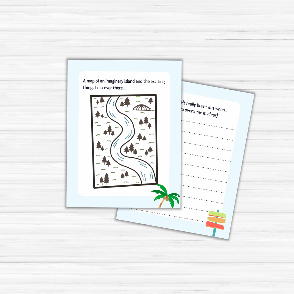 Two illustrated pages from the Summer Bundle for Kids: one depicts a map of a fictional island featuring a river, trees, and mountains; the other provides lined space for writing, with the title "A time I felt really brave was when..." Ideal for inspiring young imaginations during summer adventures.