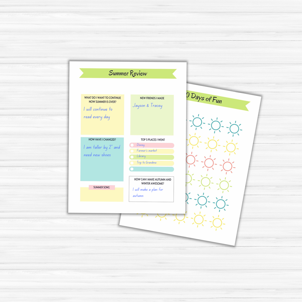 On a wooden surface lay two vibrant worksheets from the Summer Planner for Kids, complete with sections for summer review, goals, favorite places, and a 100 days of fun activity tracker adorned with sun icons.