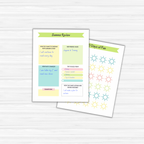 On a wooden surface lay two vibrant worksheets from the Summer Planner for Kids, complete with sections for summer review, goals, favorite places, and a 100 days of fun activity tracker adorned with sun icons.