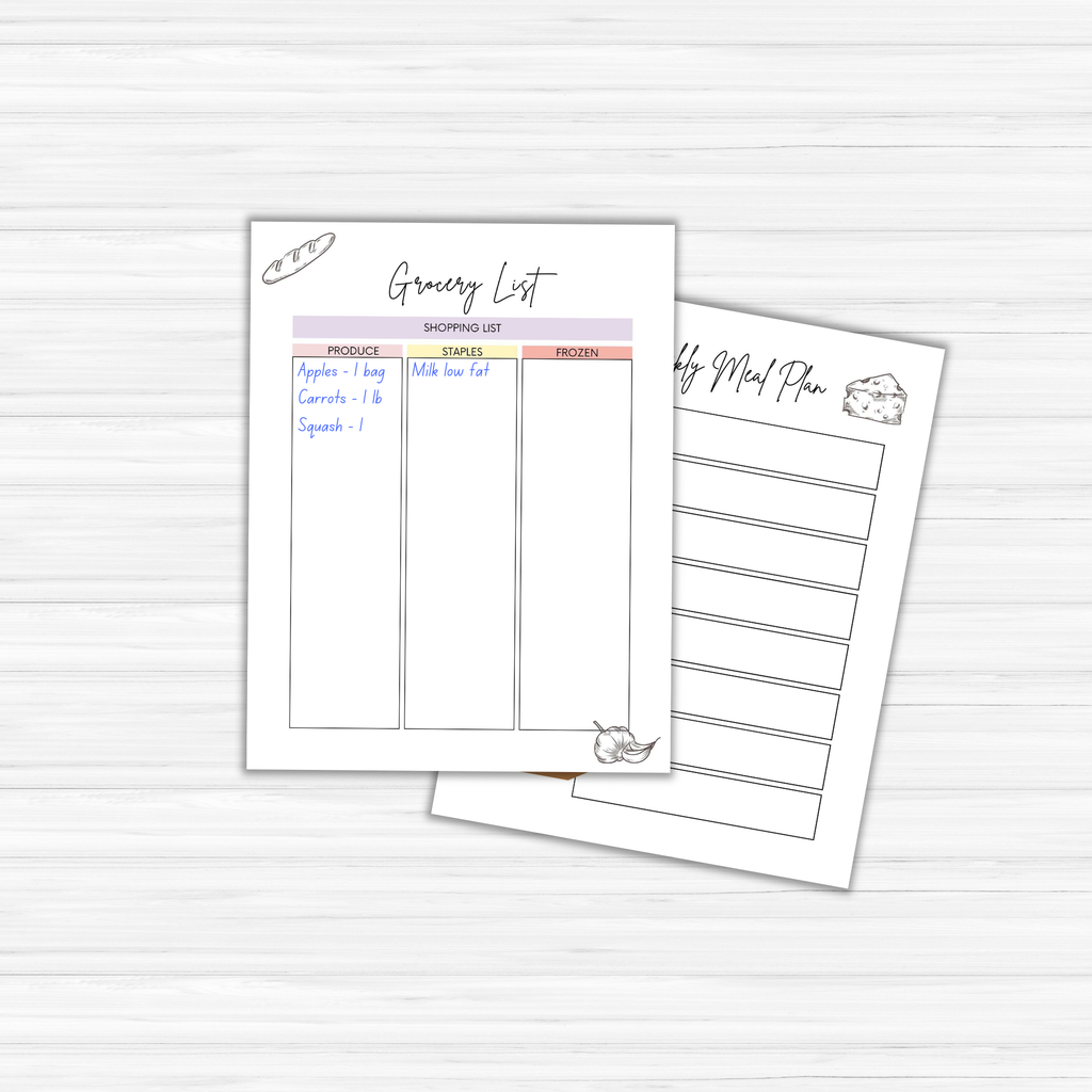 Displayed on a white surface are two pages: one is a grocery list divided into sections for produce, staples, and frozen items, while the other is a weekly meal plan template designed to help organize your MealPrep Magic efficiently.