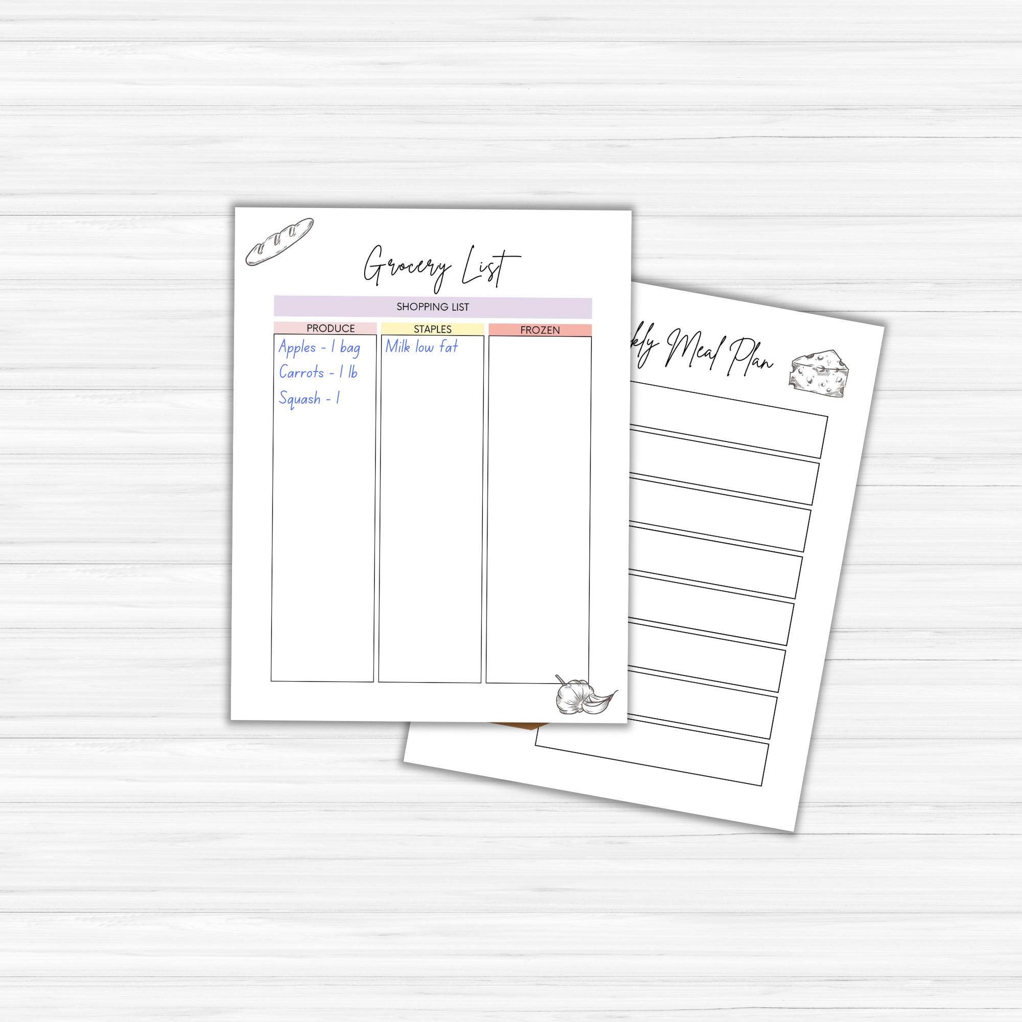 Displayed on a white surface are two pages: one is a grocery list divided into sections for produce, staples, and frozen items, while the other is a weekly meal plan template designed to help organize your MealPrep Magic efficiently.