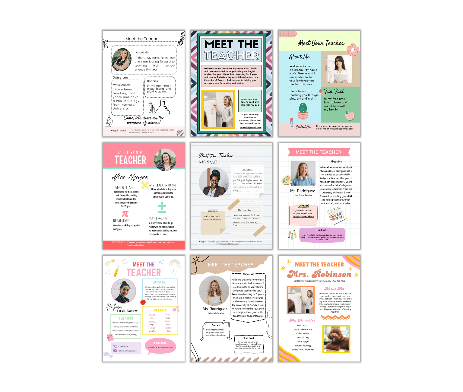 The "Meet the Teacher Templates" product features nine vibrant flyers with diverse layouts, images, text sections, and decorative elements, serving as essential resources for crafting engaging teacher introductions.