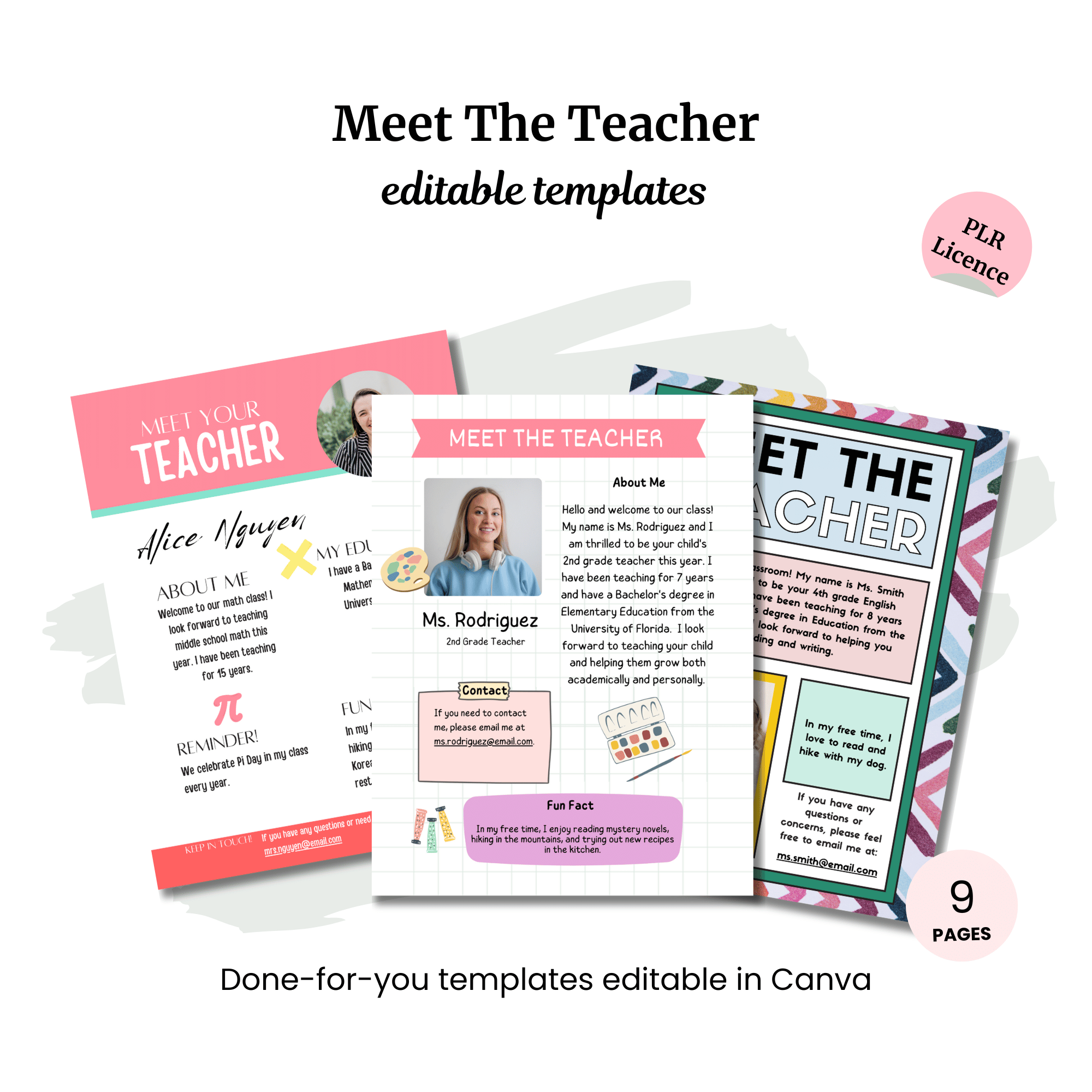 Discover our "Meet the Teacher Templates," essential education resources in Canva with nine customizable pages. These templates include text boxes for bios, fun facts, and contact info. They come with a PLR license, making them perfect for personalizing classroom introductions.