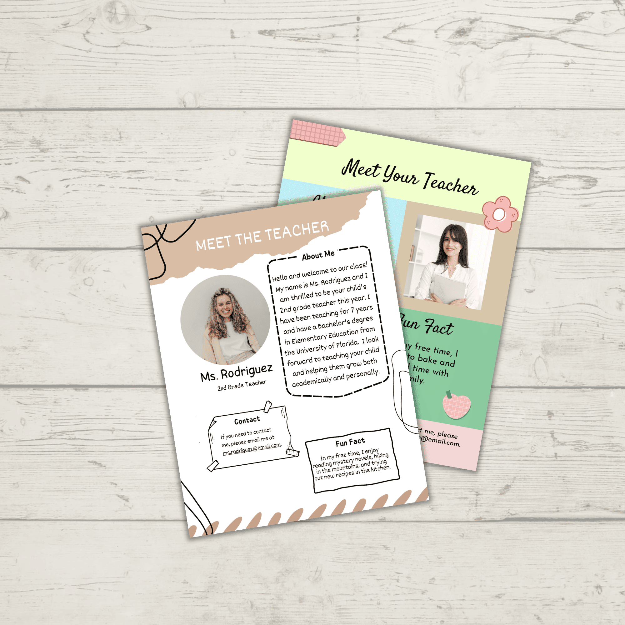 Two "Meet the Teacher" flyers, featuring the product "Meet the Teacher Templates," lay on a white wooden surface, highlighting photos and details of two inspiring female educators.