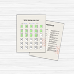 On a white surface lie two pages: one displaying a "30 Day Reading Challenge" calendar with green-marked days, showcasing the impact of micro habits; the other mimicking an ebook page titled "Powerful Micro Habits - Ebook & Workbook," featuring organization tips framed by floral embellishments.