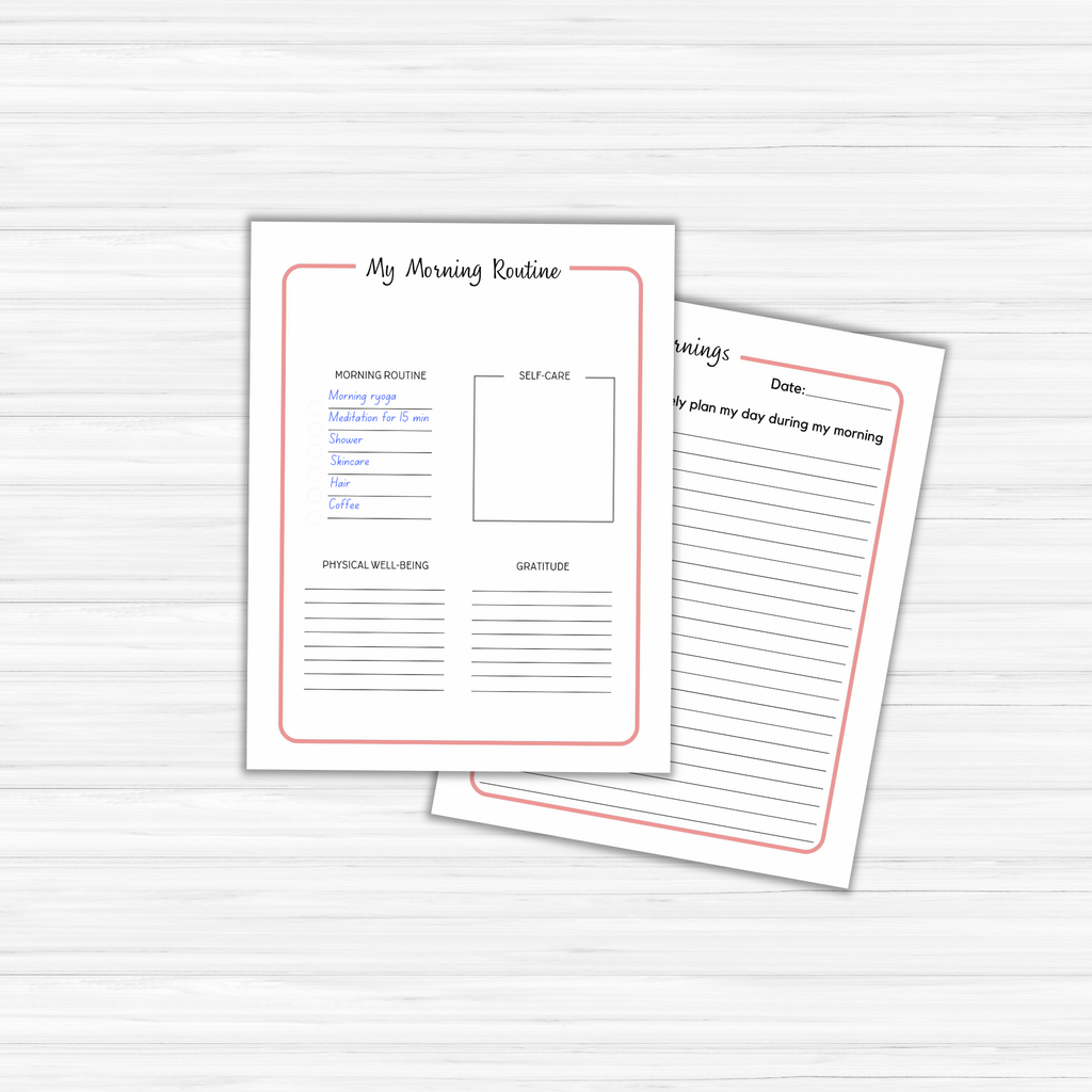 Two pages from the Mindful Mornings Journal & Workbook, featuring one page with a list and space for notes, and another page lined for journal writing.