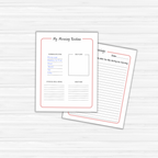 Two pages from the Mindful Mornings Journal & Workbook, featuring one page with a list and space for notes, and another page lined for journal writing.