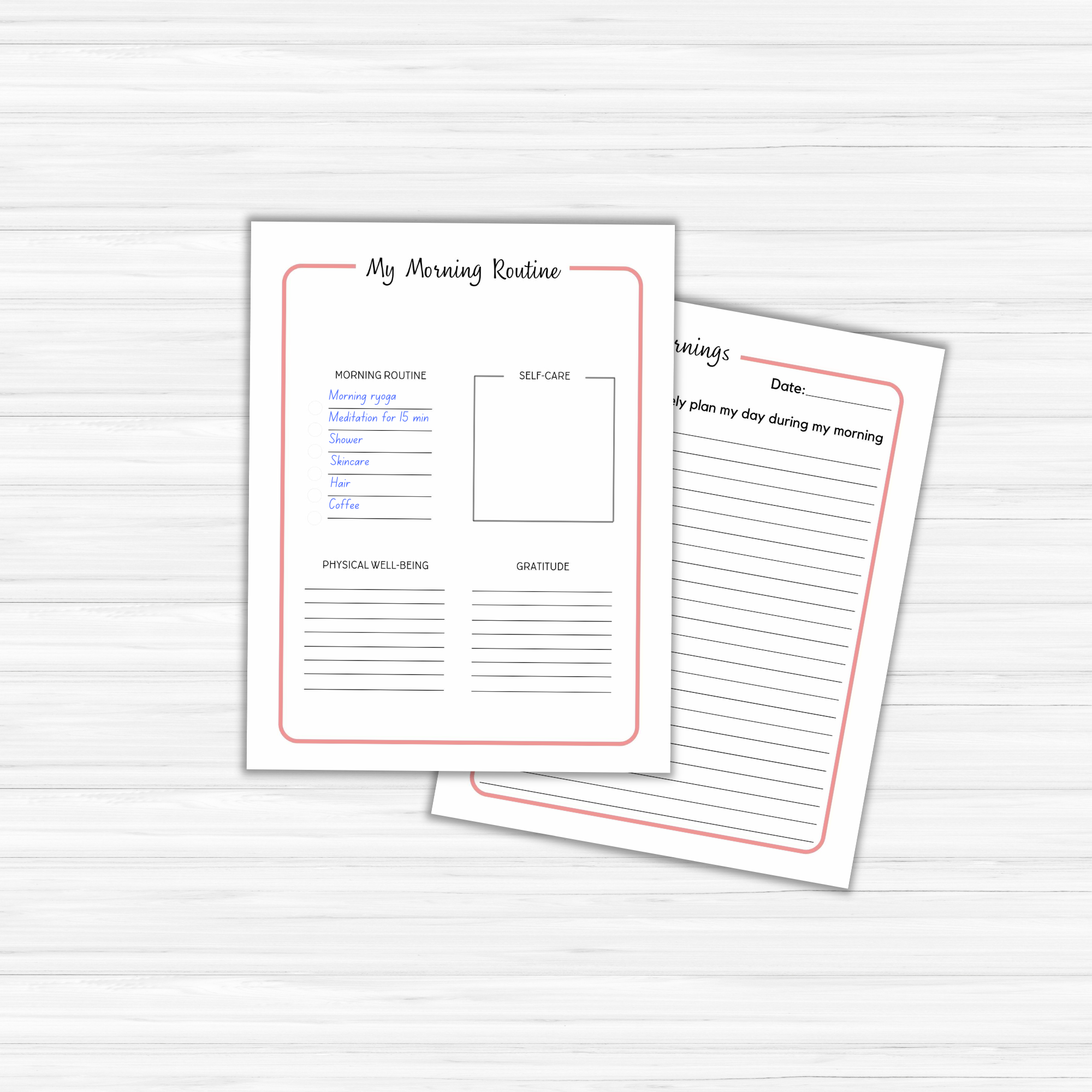 Two pages from the Mindful Mornings Journal & Workbook, featuring one page with a list and space for notes, and another page lined for journal writing.