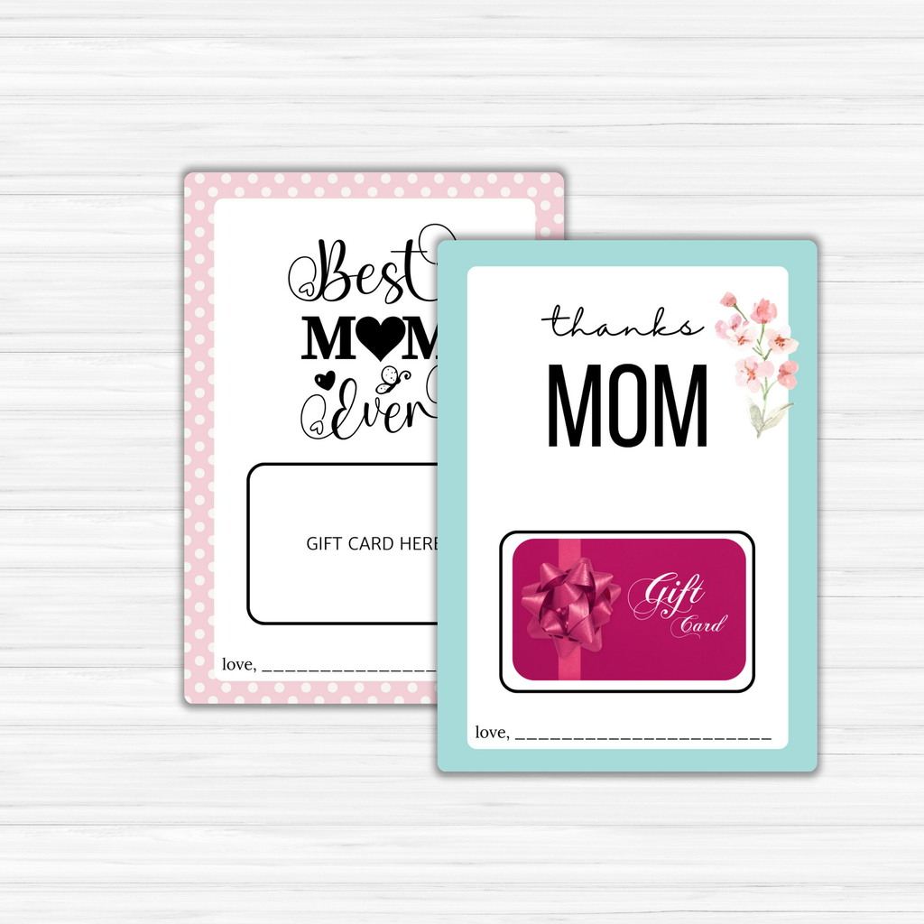 The Mother's Day Gift Cards Holder includes two exquisite cards with envelopes: one featuring the message "Best Mom Ever" surrounded by a pink polka dot border, and the other displaying "Thanks Mom" embellished with pink flowers. Both cards offer space for a personalized message and are presented in a stylish holder.