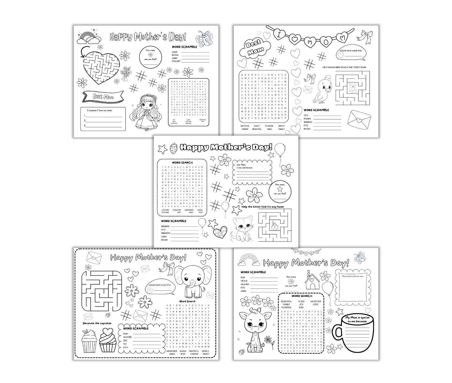 Explore Mother's Day Activity Placemats PLR with five engaging sheets of mazes, word searches, and coloring sections. Ideal for entertaining kids while celebrating Mom's special day.