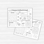 Two Mother's Day Activity Placemats PLR featuring word search, word scramble, mazes, and a coloring area with floral and animal designs on a wooden background. Great for creating personalized keepsakes or providing fun dining table entertainment.