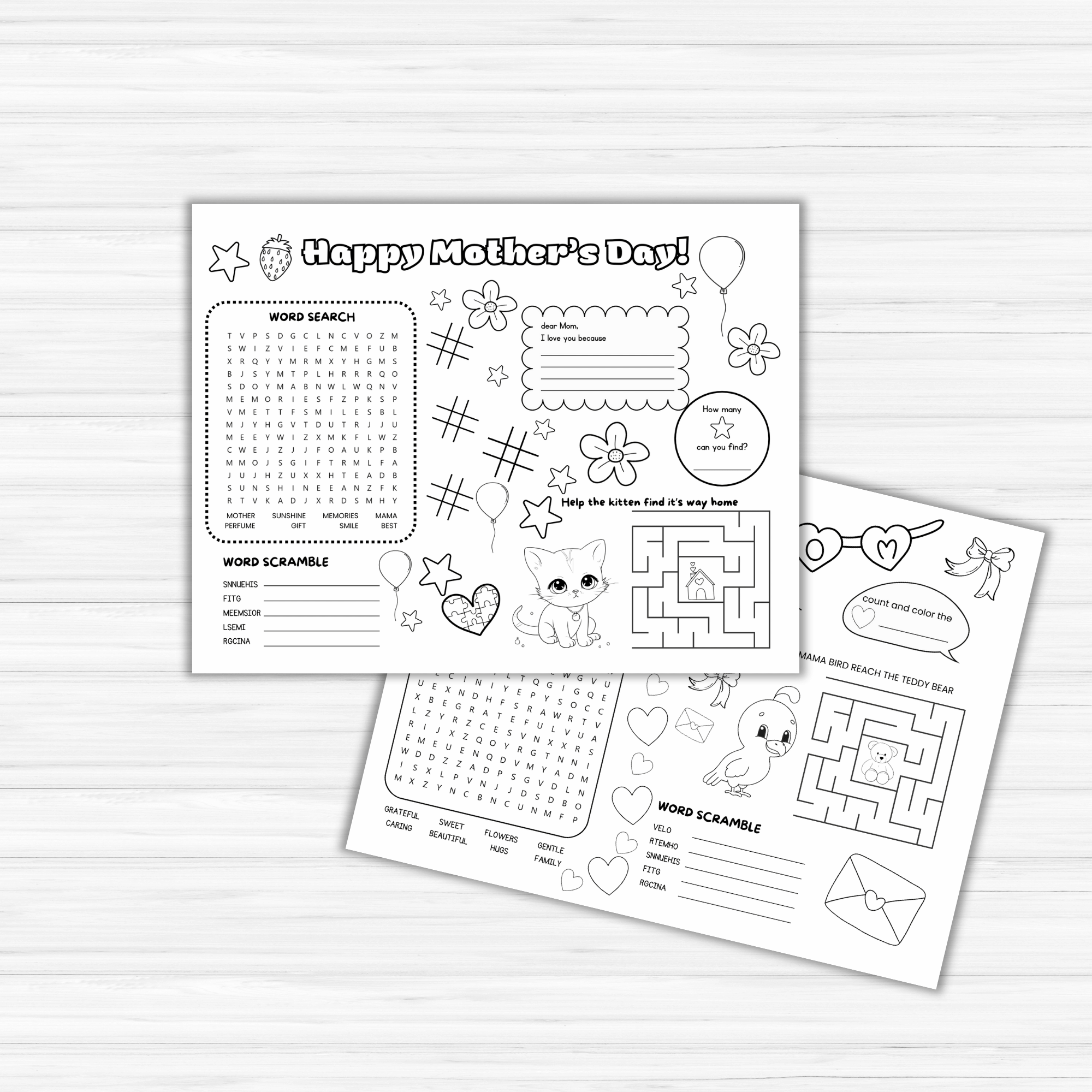 Two Mother's Day Activity Placemats PLR featuring word search, word scramble, mazes, and a coloring area with floral and animal designs on a wooden background. Great for creating personalized keepsakes or providing fun dining table entertainment.