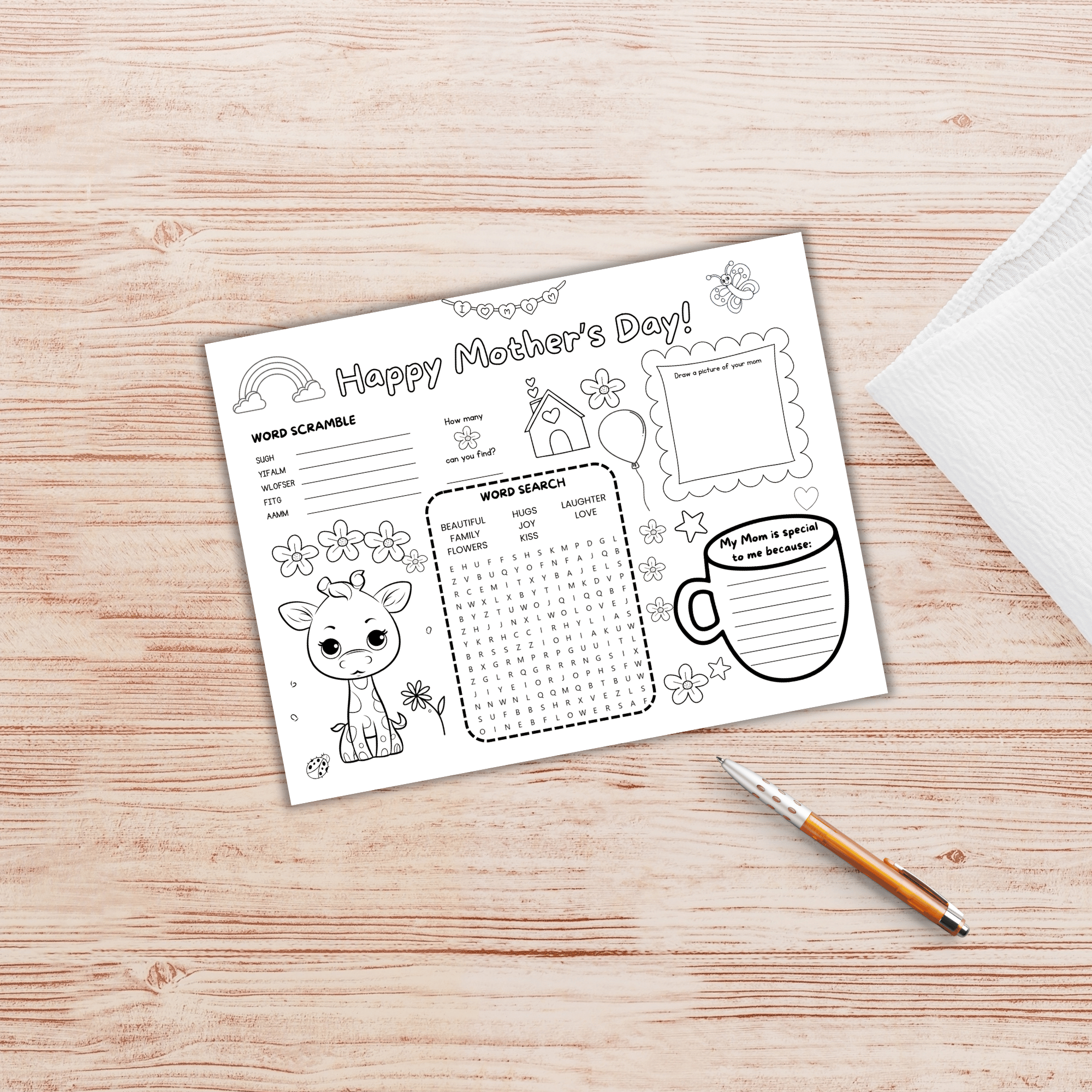The Mother's Day Activity Placemats PLR features a scenic placemat on a wooden table, complete with a pen and cloth. It includes activities like word search, word scramble, drawing prompts, and decorative designs of deer and flowers. Ideal for private label rights use.