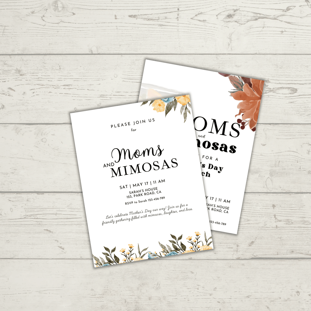 Two floral "Moms and Mimosas" brunch invitations overlap on a wooden surface, inviting guests for Mother's Day with activity placemats, May 7 at 11 AM in Napa, CA.