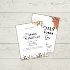 Two floral "Moms and Mimosas" brunch invitations overlap on a wooden surface, inviting guests for Mother's Day with activity placemats, May 7 at 11 AM in Napa, CA.