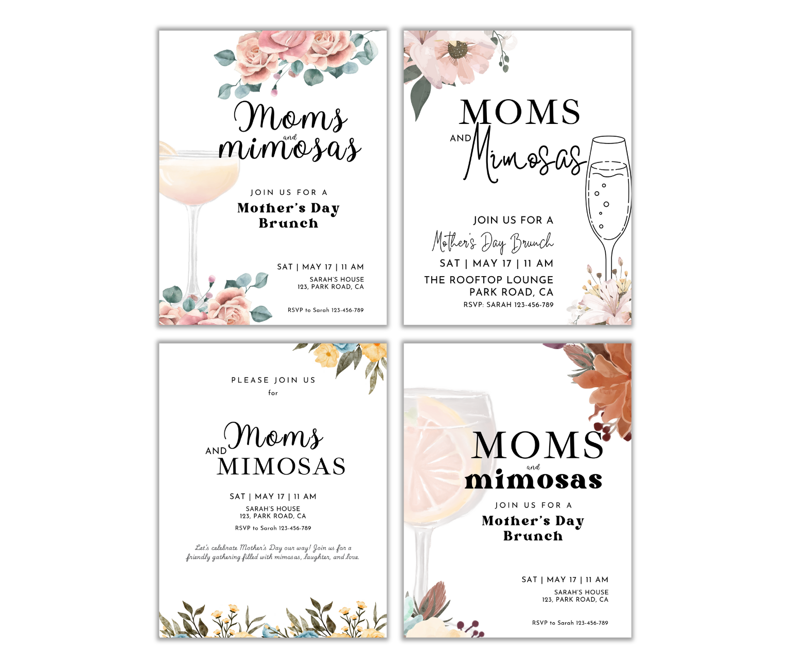 Four invitation designs titled "Moms and Mimosas" for a delightful Mother's Day brunch, showcasing floral and drink illustrations with customizable date, time, and location details—ideal for adding a personal touch with Mother's Day Activity Placemats PLR.