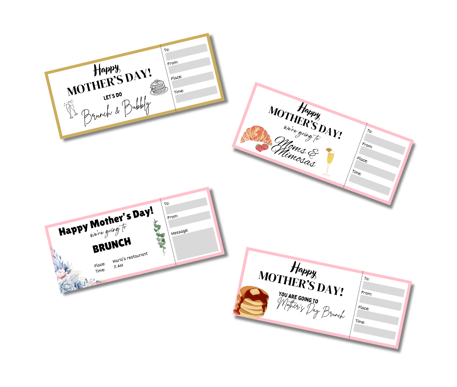 Four charming Mother's Day-themed activity placemats feature delightful illustrations of breakfast foods and flowers. Each placemat includes sections to customize with "To," "From," "Date," "Time," "Place," and a heartfelt message, perfect for personalizing your warm wishes with these PLR designs.