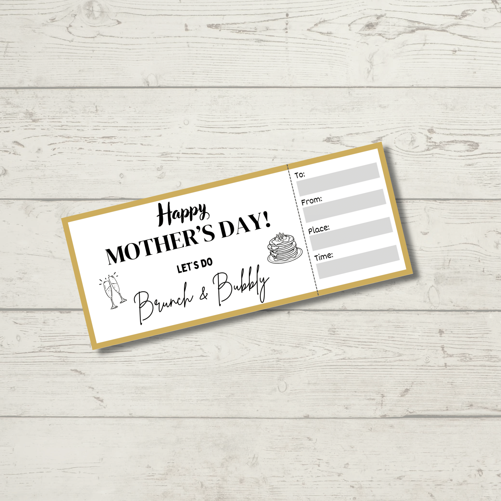 Mother's Day invitation card features a rustic wooden background and spaces for recipient, sender, place, and time. The text "Let's do Brunch & Bubbly" complements the Mother's Day Activity Placemats PLR for an engaging celebration.