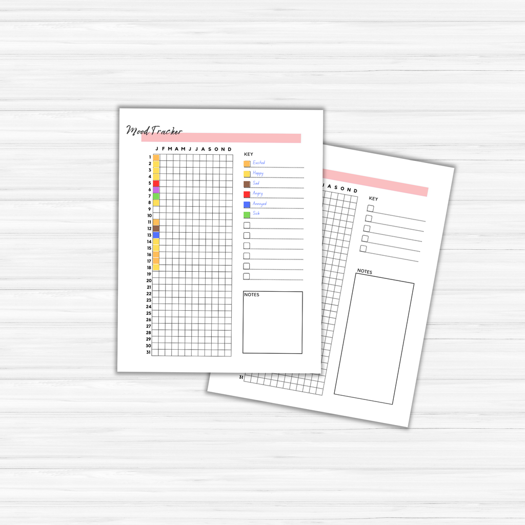 Two mood tracker sheets with grids and color-coded keys rest on a light wood background, ideal for the 'New Year, New Start' Resolutions Planner. One sheet is slightly tilted, revealing its underside, perfectly symbolizing a fresh start.