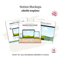 Notion Templates Mockups (PLR) featuring three device screens with a landscape image, highlights on editable Canva templates, a note of 14 included pages, and subtle Google Sheets mockups for extra flexibility.