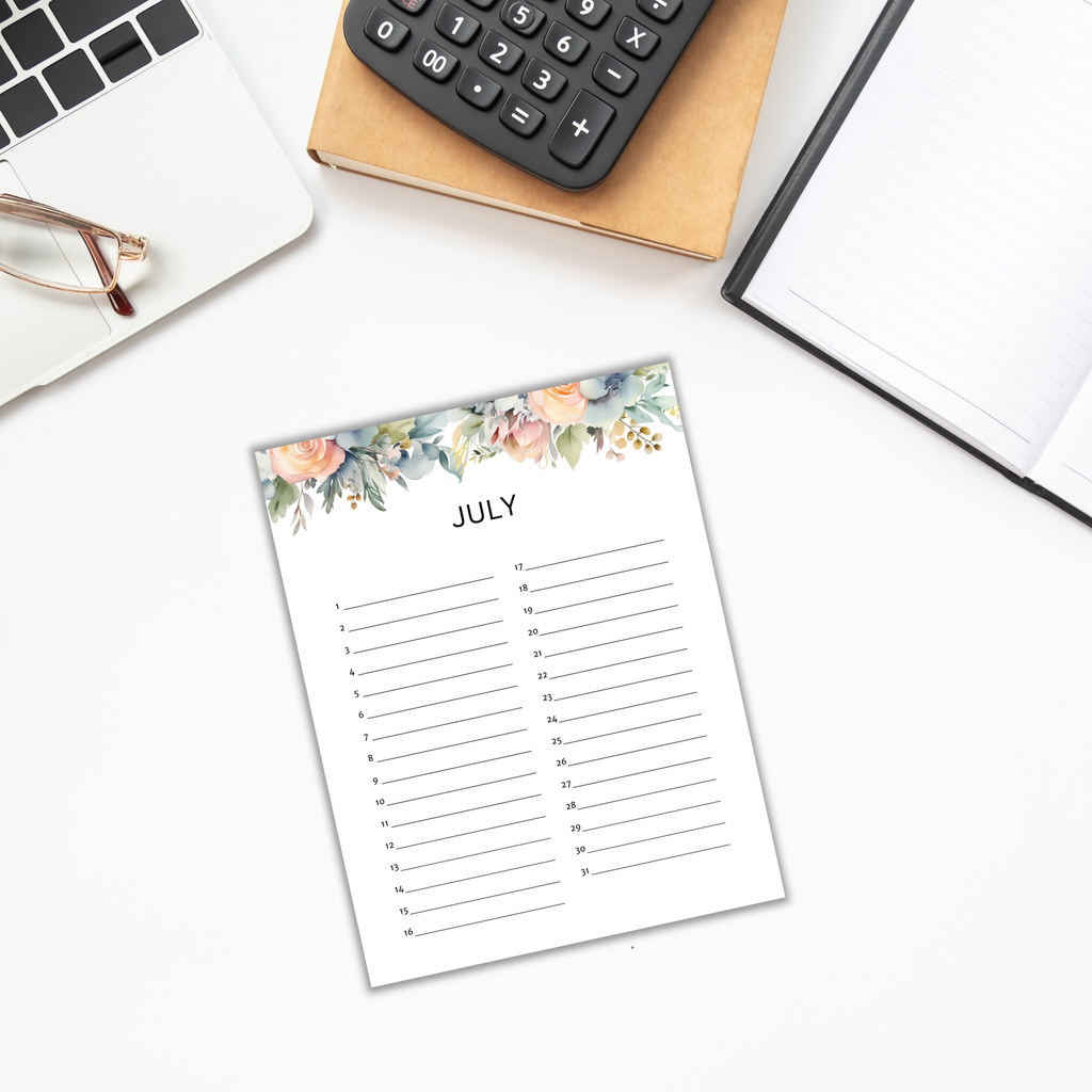 A top-down view of a desk highlights a floral-themed calendar sheet for July, accompanied by a laptop, calculator, glasses, and an open notebook. The arrangement draws inspiration from Perpetual Calendar Templates to bring timeless charm and functionality to your workspace.
