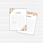 These calendar templates feature overlapping pages for October and November, each decorated with floral designs in the corners. They provide ample space for notes or events, making them ideal perpetual calendar templates from the Perpetual Calendar Templates collection for year-round planning.