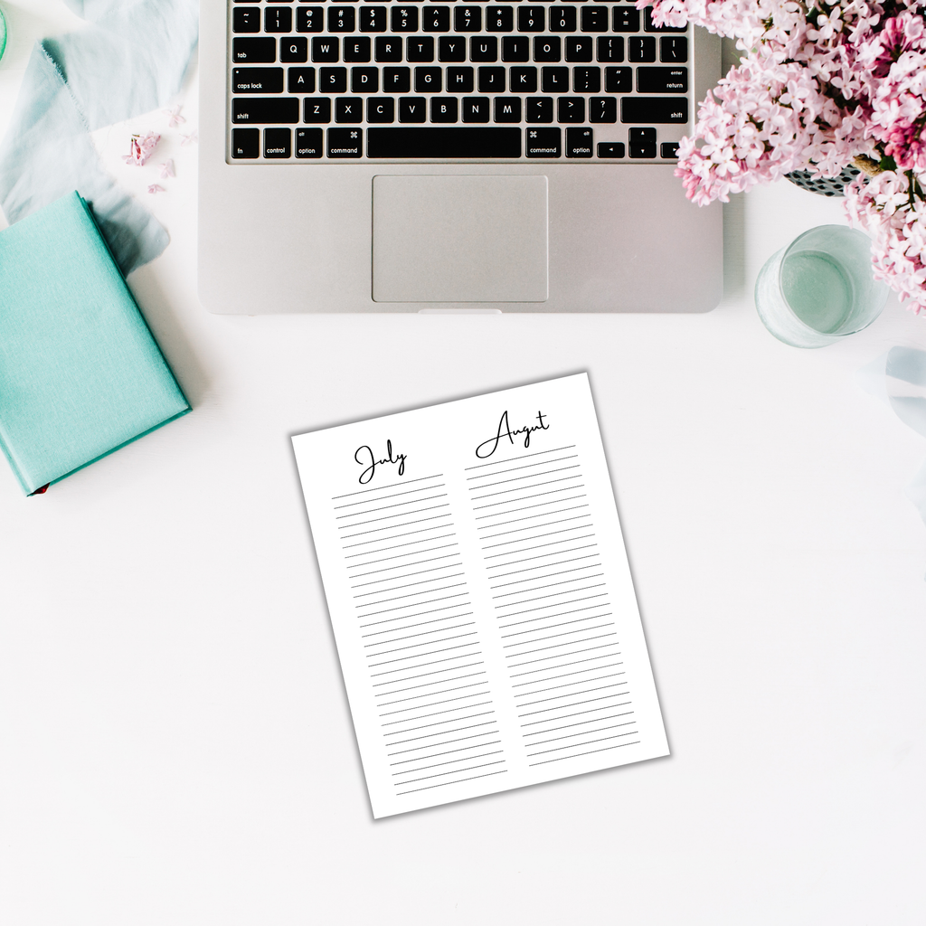 Place the laptop on a desk alongside two calendar sheets labeled July and August, accompanied by a green notebook, pink flowers, and a glass of water. Discover how Perpetual Calendar Templates can effortlessly organize your schedule in this serene setup.