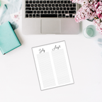 Place the laptop on a desk alongside two calendar sheets labeled July and August, accompanied by a green notebook, pink flowers, and a glass of water. Discover how Perpetual Calendar Templates can effortlessly organize your schedule in this serene setup.