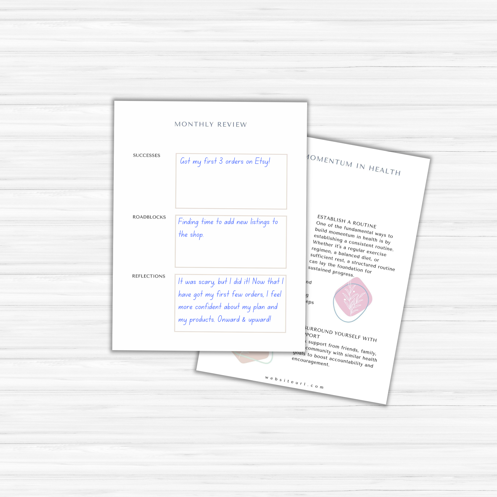 Two sheets of paper rest on a light wood surface. The first sheet is part of The Power of Momentum Journal & Workbook, detailing successes, roadblocks, and reflections. The second sheet provides additional support with tips for maintaining momentum in health.