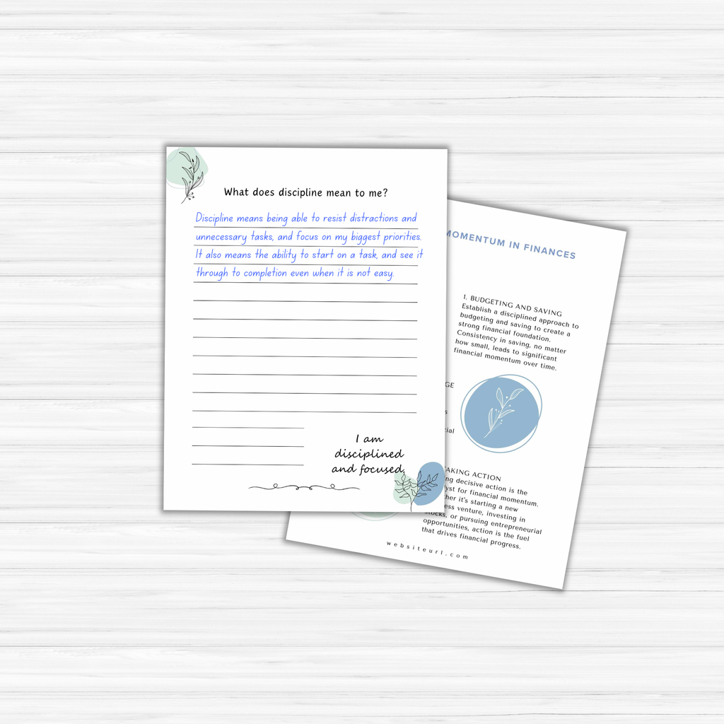 Two stationery pages rest on a light wood surface: The Power of Momentum Journal & Workbook prompts reflection on discipline, while the other discusses budgeting, saving, and financial momentum.