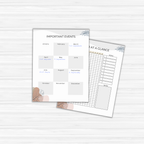 Productivity Planner Templates on a light wood background boost productivity with two pages—one for listing important monthly events and the other featuring a calendar grid, goals section, and notes area—ideal for seamlessly organizing your life.