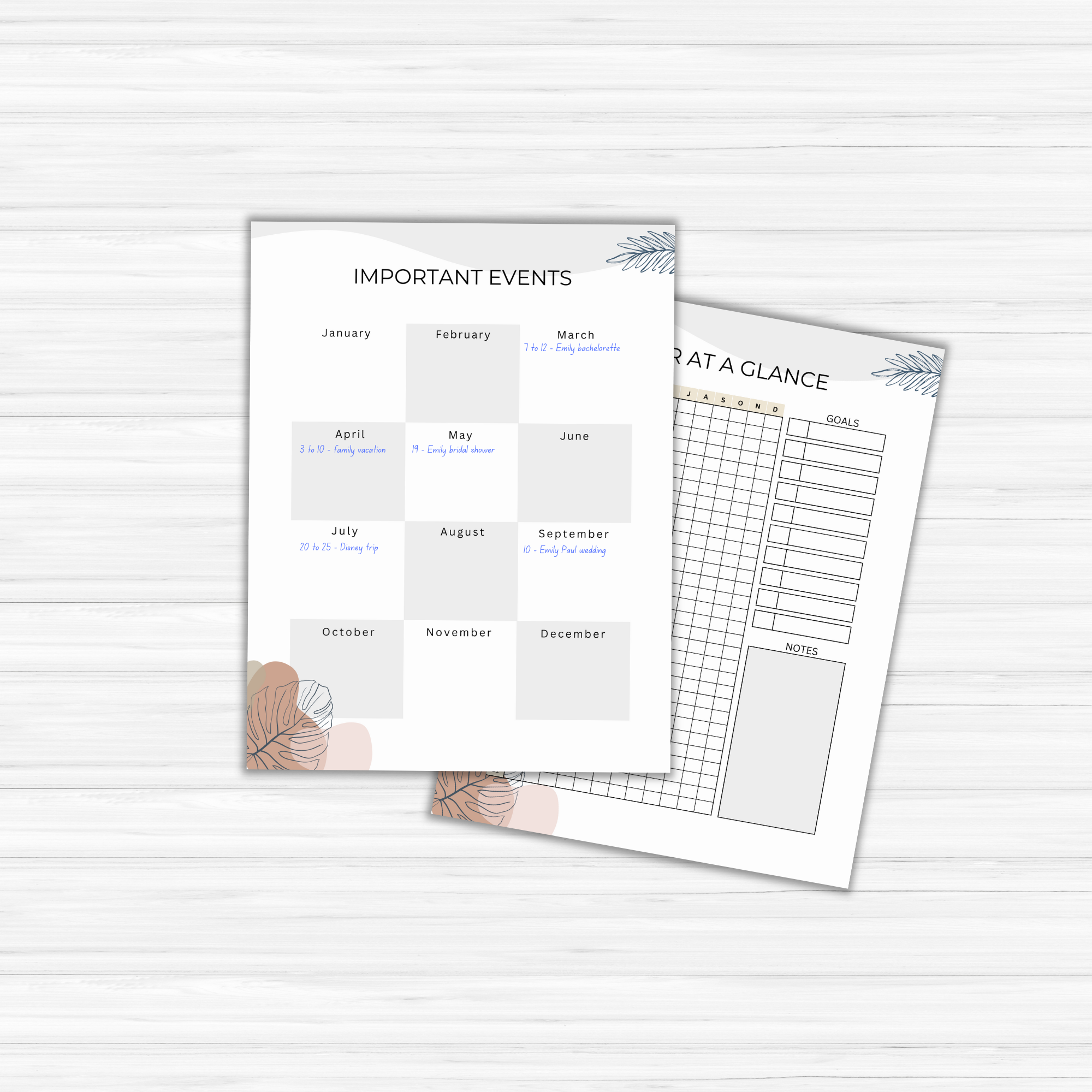 Productivity Planner Templates on a light wood background boost productivity with two pages—one for listing important monthly events and the other featuring a calendar grid, goals section, and notes area—ideal for seamlessly organizing your life.