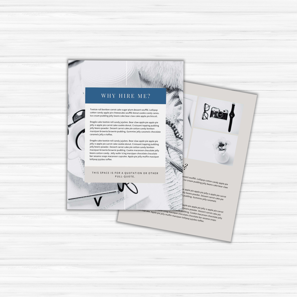 Two overlapping brochures on a light wood surface display text and images featuring glasses, a camera, and grooming tools. One brochure's headline says "WHY HIRE ME?" offering a comprehensive look at the Services and Pricing Guide.