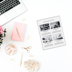 A neatly organized workspace features a laptop, pink notebook, pen, paper clips, scissors, a decorative leaf, flowers, and the Services and Pricing Guide showcasing four service packages.