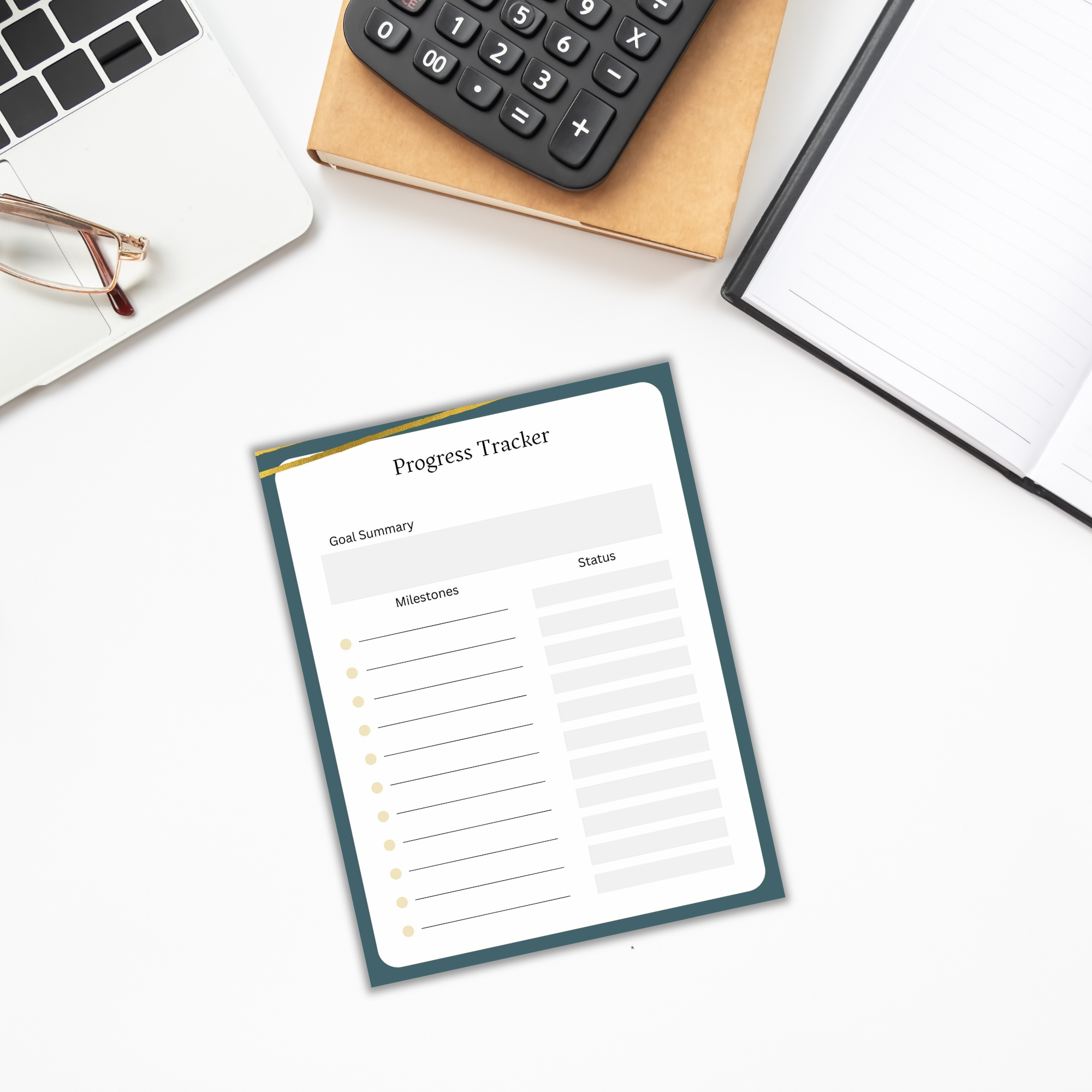 A progress tracker sheet from The Solopreneur Success Pack lies on a solopreneur's desk beside a laptop, glasses, calculator, and notebook—an ideal collection of tools steering towards success.