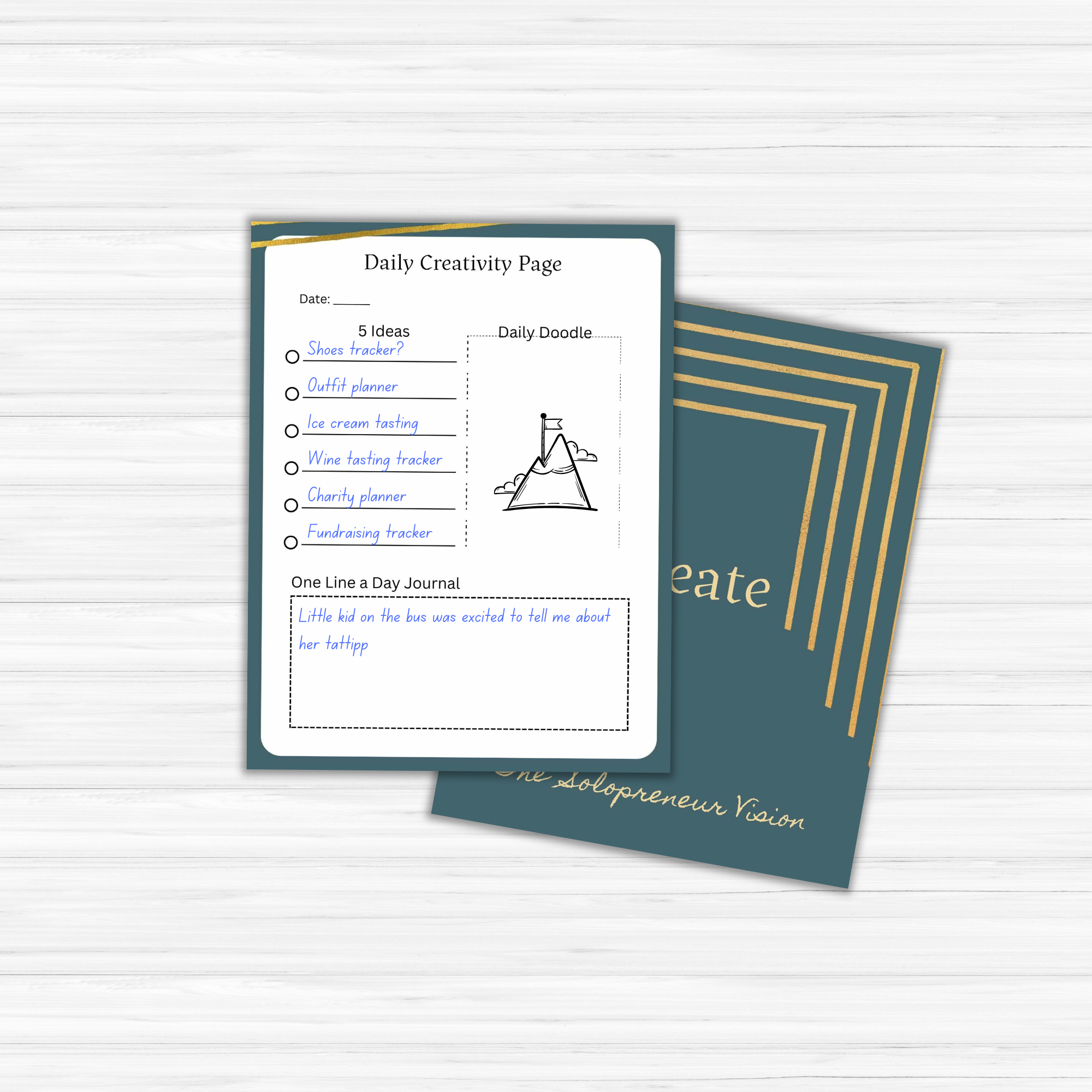 Two overlapping pages unveil "The Solopreneur Success Pack," a creativity planner designed specifically for solopreneurs, featuring sections for brainstorming ideas, a doodle area, and space to jot down a one-line journal entry about a successful bus ride.